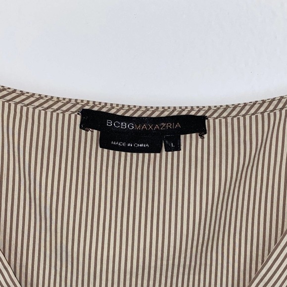 L BCBGMAXAZRIA Flounce Bell Sleeve Elastic Waist Pinstripe Boho V Neck Bow Dress - Picture 4 of 8